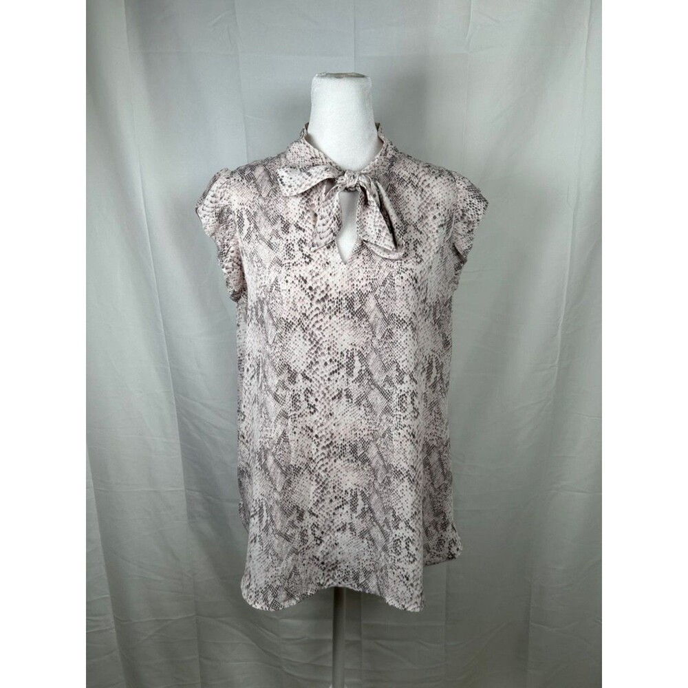Loft Animal Print Sleeveless Blouse Small Pink Grey Bow Ruffle Cap Sleeve